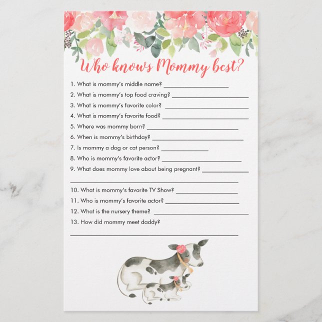 Who knows Mummy Best Cow Farm Baby Shower Game (Front)