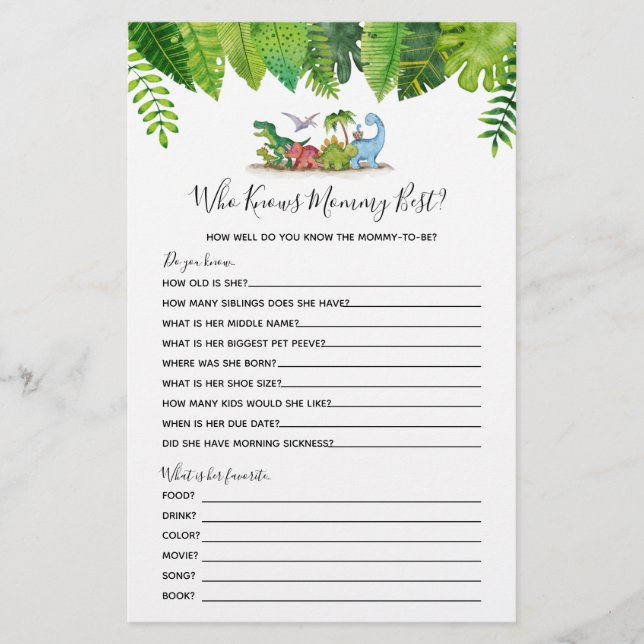 Who Knows Mummy Best Dinosaur Baby Shower Game (Front)