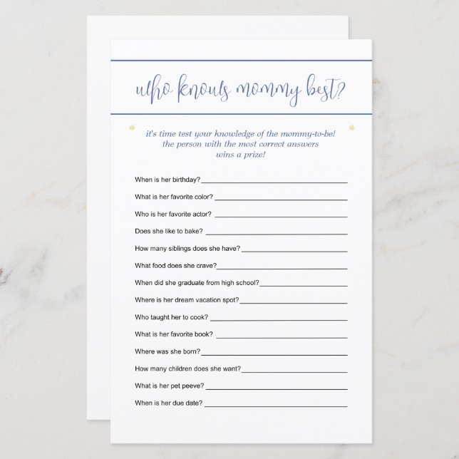 Who Knows Mummy Best Guessing Game Stars Blue (Front/Back)