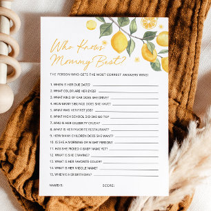 Who Knows Mummy Best Lemon Baby Shower Game Card