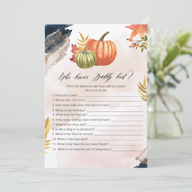 Who Knows Mummy Best Pumpkin Baby Shower Game Card (Standing Front)