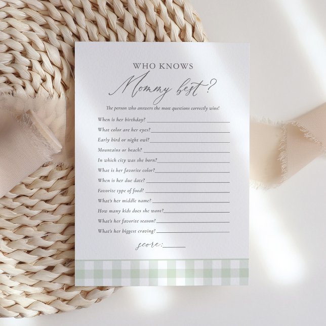 Who Knows Mummy Best Sage Gingham Baby Shower Game Invitation (Creator Uploaded)