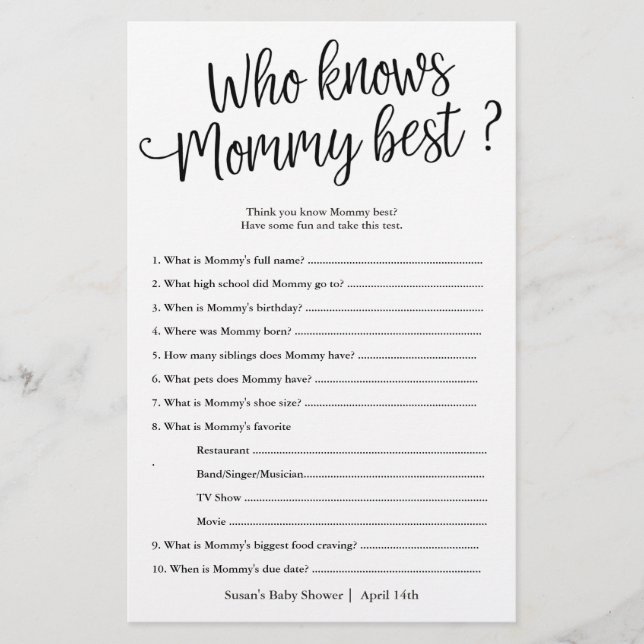 Who Knows Mummy Best Shower Paper Game Card (Front)