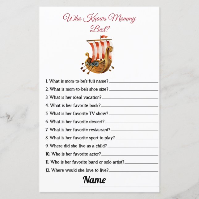 Who Knows Mummy Best Vikings Baby Shower Game Card (Front)