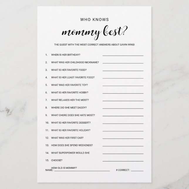 Who Knows Mummy Budget Friendly Baby Shower Game Flyer (Front)