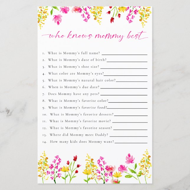 Who Knows Mummy Wildflowers Baby Shower Game (Front)