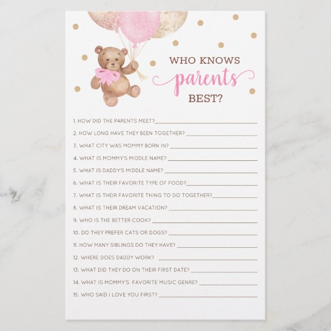 Who Knows Parents Best Game Baby Shower Teddy Bear (Front)