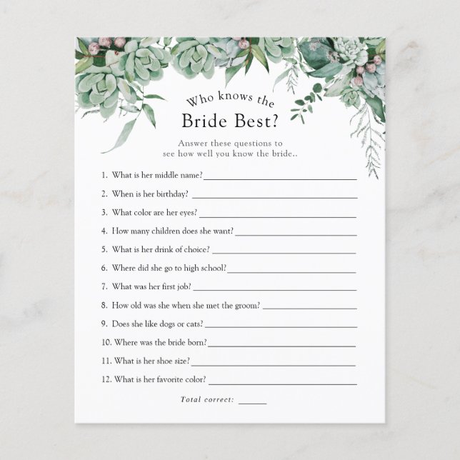 Who Knows the Bride Best Bridal Game (Front)