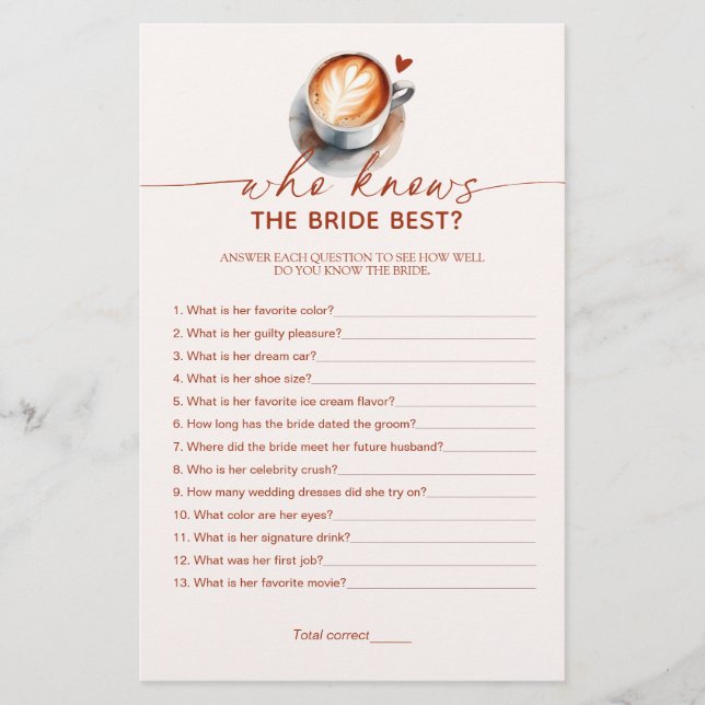 Who Knows The Bride Best Bridal Shower Game Card (Front)