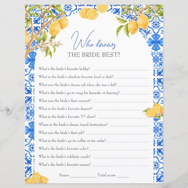 Who knows the Bride Best Bridal Shower Game Lemon (Front)