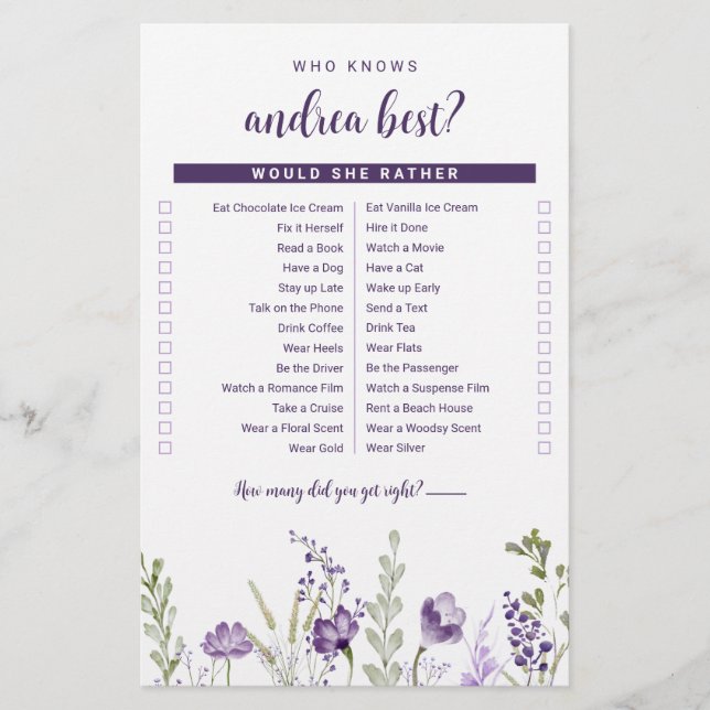Who Knows the Bride Best Bridal Shower Game Sheet (Front)
