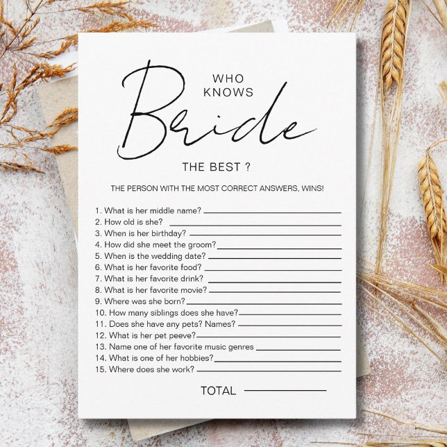 Who knows The Bride Best Bridal Shower Party Games Enclosure Card (Creator Uploaded)