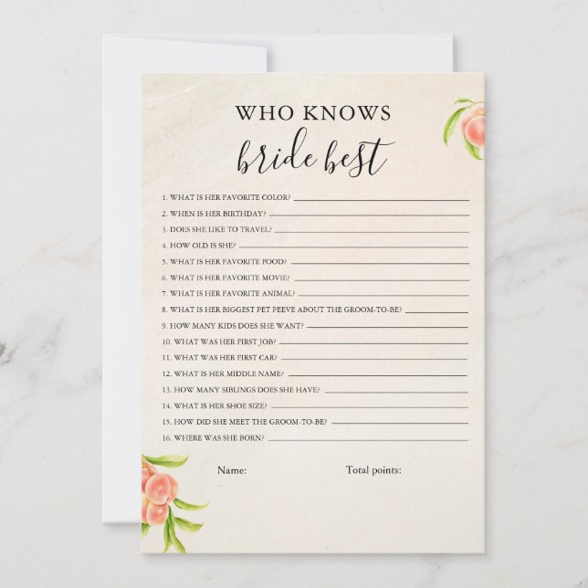 Who Knows The Bride Best Game Card (Front)