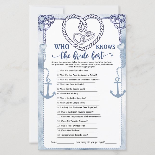 Who Knows the Bride Best Game Nautical Wedding (Front)