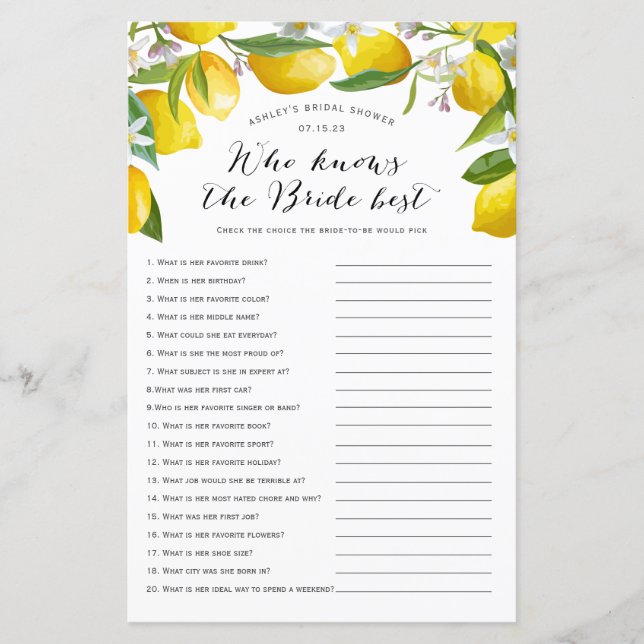 Who knows the bride best, Lemon Bridal games (Front)