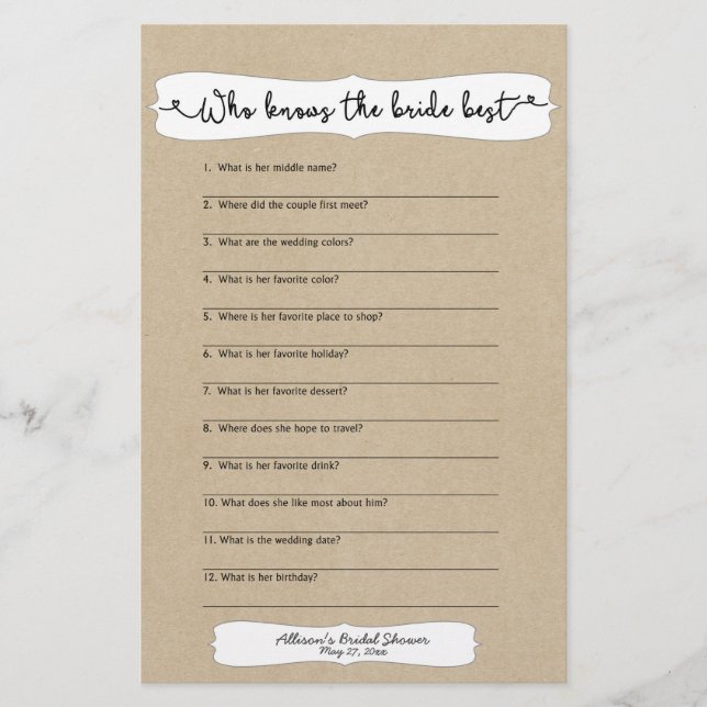 Who knows the bride best shower game, kraft 3966p flyer (Front)