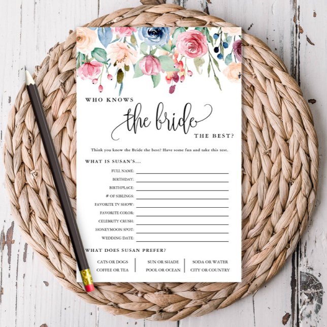 Who Knows The Bride Floral Border Paper Game Card (Creator Uploaded)