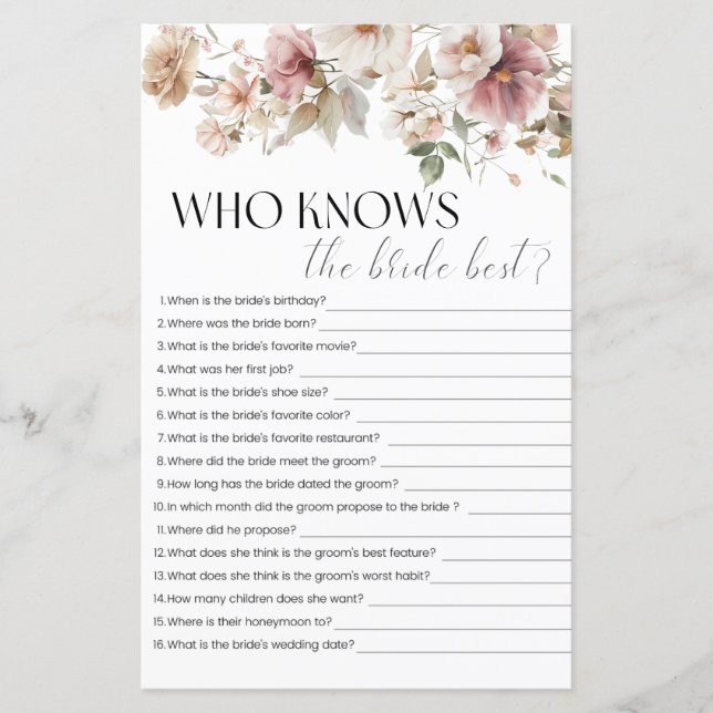Who Knows The Bride Wildflower Bridal Shower Game (Front)