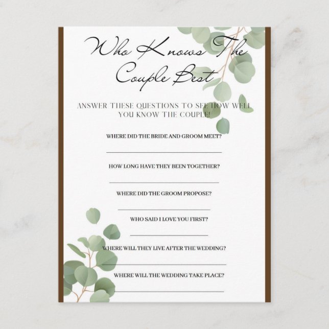 Who Knows the Couple Best Bridal Shower Game Enclosure Card (Front)
