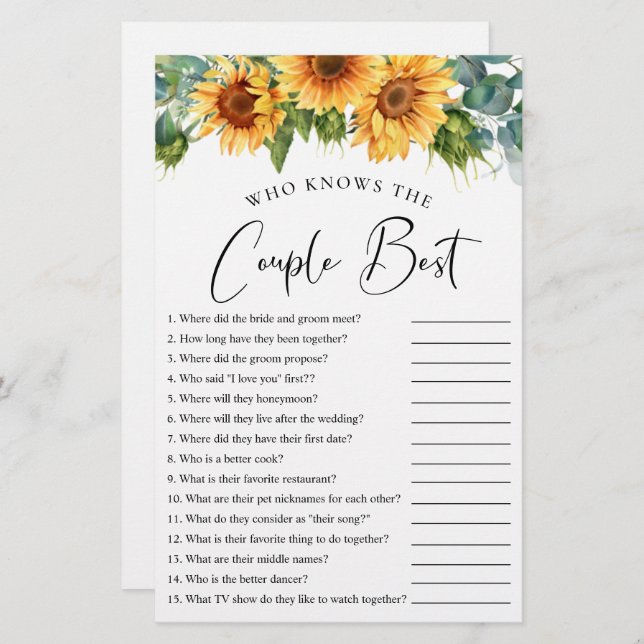 Who Knows the Couple Best Sunflower Shower Game (Front/Back)