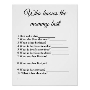 who knows the mummy best baby shower game poster