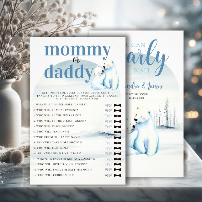 Who Mummy or Daddy Shower Game Polar Bear Cub Mum Flyer (winter boy baby shower bearly wait polar bear mama cub watercolor guess who mommy or daddy game)