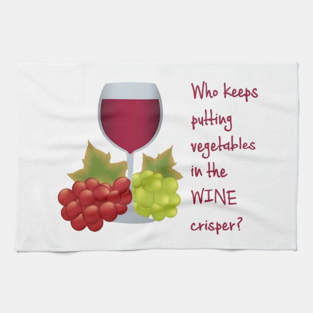 Who put vegetables in the wine crisper? tea towel (Horizontal)