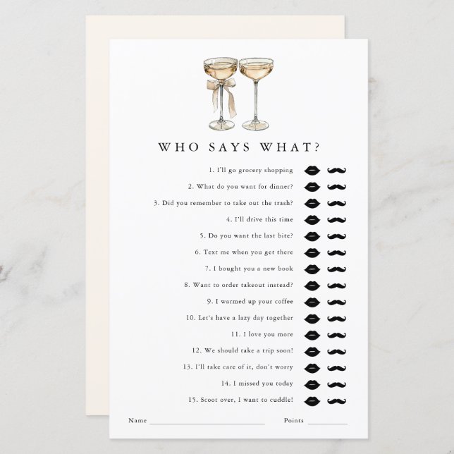 Who says what Champagne Bridal Shower Game Card (Front/Back)