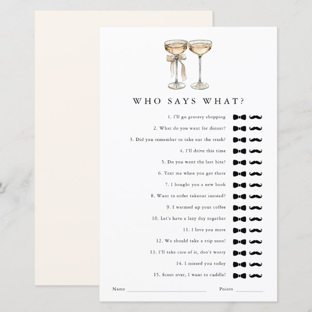 Who says what Champagne Gay Wedding Shower Game (Front/Back)