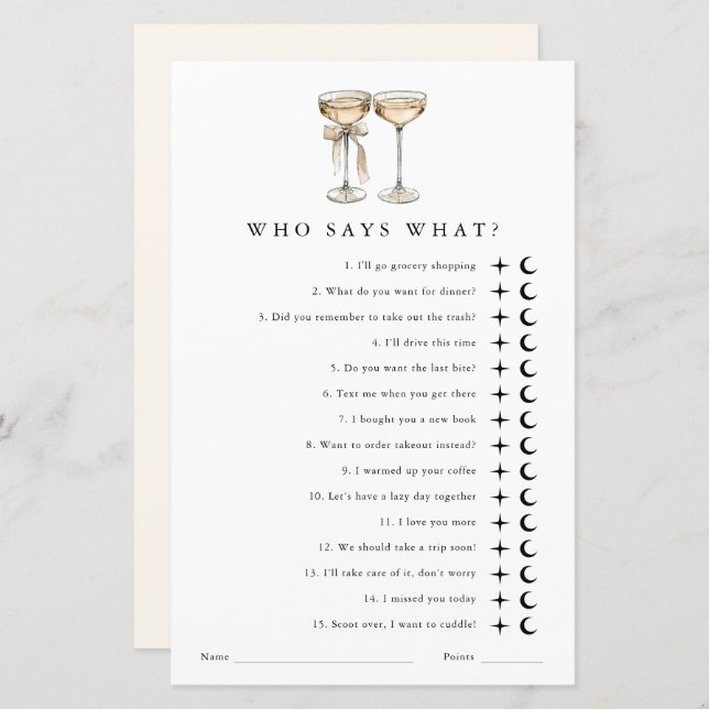 Who says what Gender Neutral Wedding Shower Game (Front/Back)