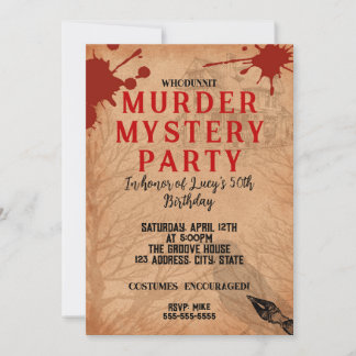 whodunit murder mystery bloody party 40th 50th 60 invitation