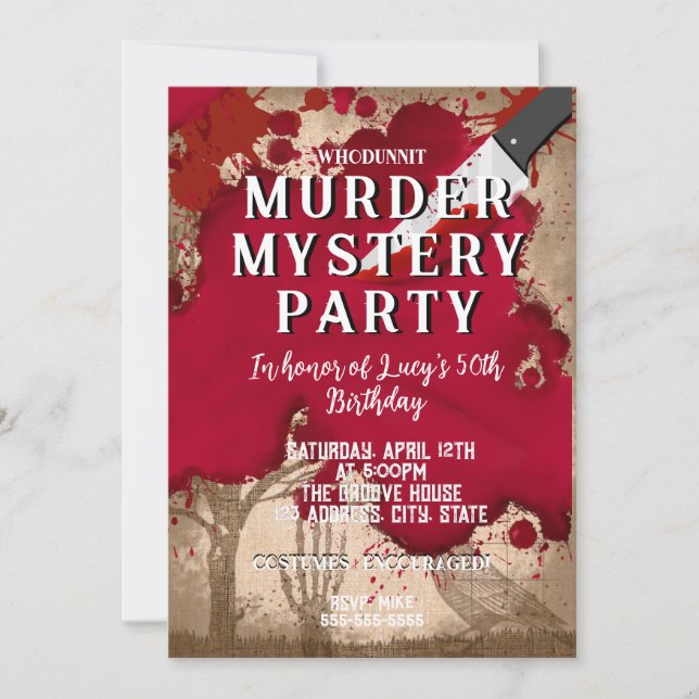 whodunit murder mystery bloody party 40th 50th 60  invitation (Front)