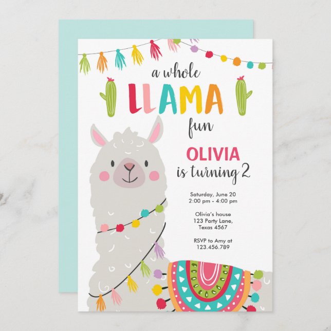 Whole llama fun birthday invitation Alpace Fiesta (Front/Back)