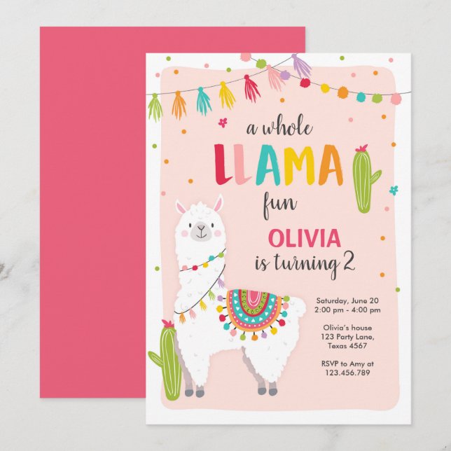 Whole llama fun birthday invitation Alpace Fiesta (Front/Back)