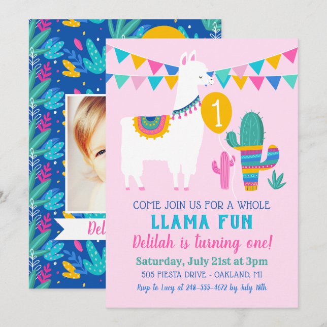 Whole Llama Fun Cactus Pink Birthday Photo Invitation (Front/Back)