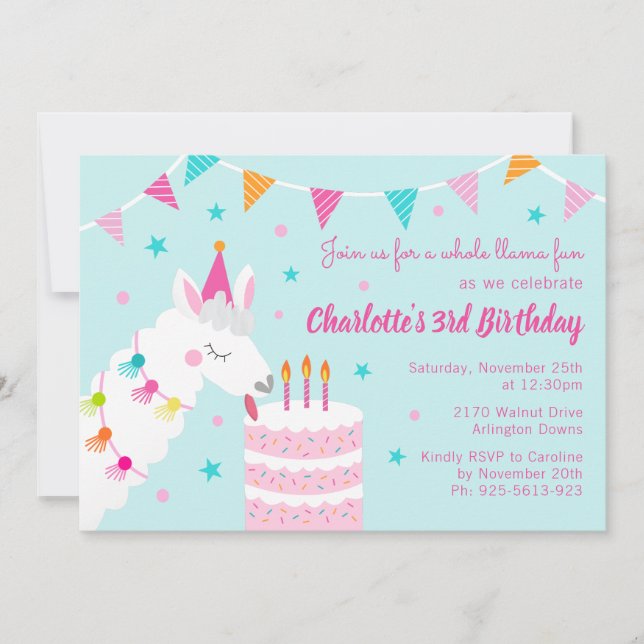 Whole Llama Fun Cake 3rd Birthday Aqua Invitation (Front)