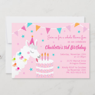 Whole Llama Fun Cake 3rd Birthday Pink Invitation