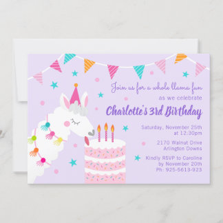 Whole Llama Fun Cake 3rd Birthday Purple Invitation