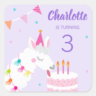 Whole Llama Fun Cake 3rd Birthday Purple Square Sticker