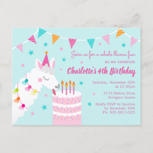 Whole Llama Fun Cake 4th Birthday Aqua Invitation Postcard