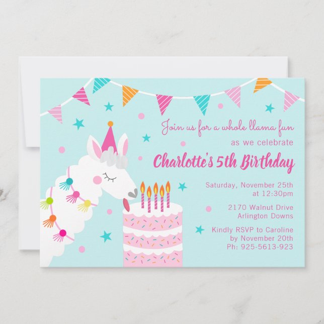 Whole Llama Fun Cake 5th Birthday Aqua Invitation (Front)