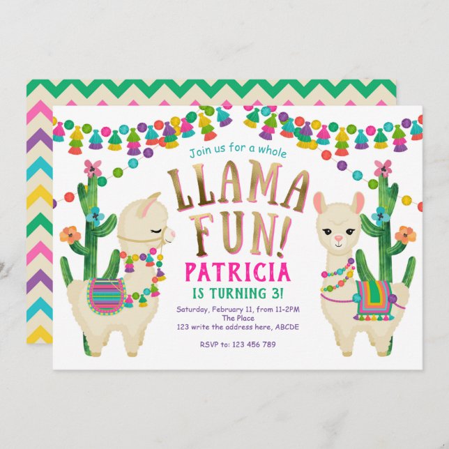 Whole llama fun, Fiesta, Girl Birthday Invitation (Front/Back)