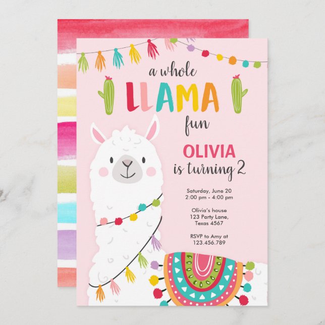 Whole Llama Fun Fiesta Girl Birthday Invitation (Front/Back)