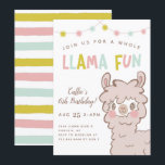 Whole Llama Fun Kids Birthday Party Invitation<br><div class="desc">Cute llama theme kid's birthday party invitation template card featuring a cartoon style illustration of a fluffy llama with pink cheeks. There is colourful string lights at the top with a script text that says "Join us for a whole llama fun." Perfect for a girl's birthday party.</div>