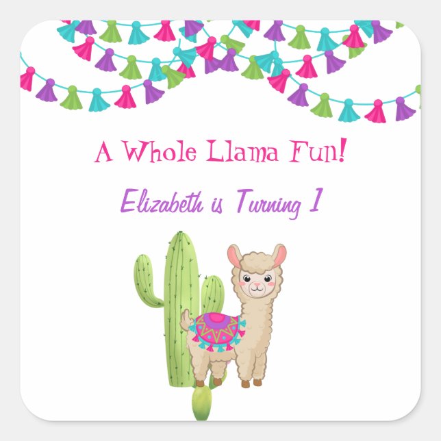 Whole Llama Fun Pink Purple Cactus Child Birthday Square Sticker (Front)