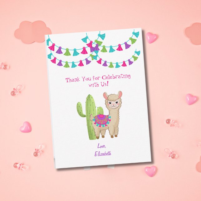 Whole Llama Fun Pink Purple Cactus Child Birthday Thank You Card (Llama and Cactus Child's birthday thank you card.)