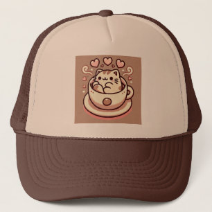 Wholesome Cat & Coffee-Cute Kawaii Kitty in Teacup Trucker Hat