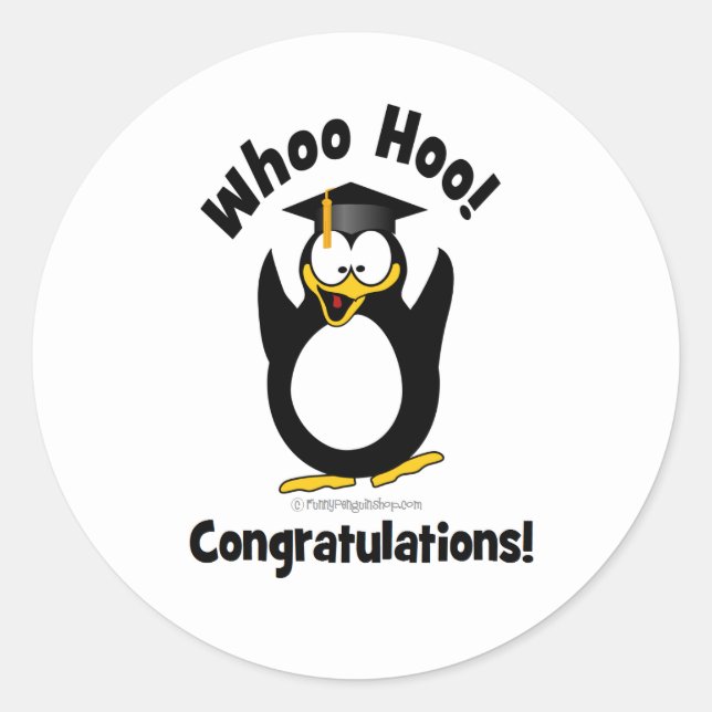 whoo hoo congratulations graduation penguin classic round sticker (Front)