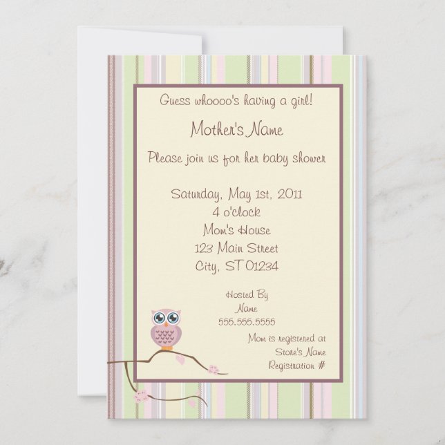 Whooo's Shower Girl Invitation (Front)