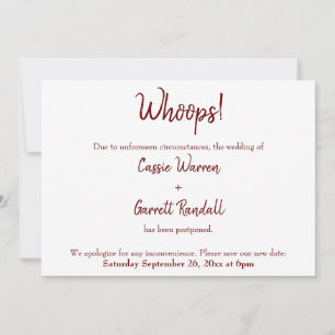Whoops! Burgundy Postponed Wedding Announcement